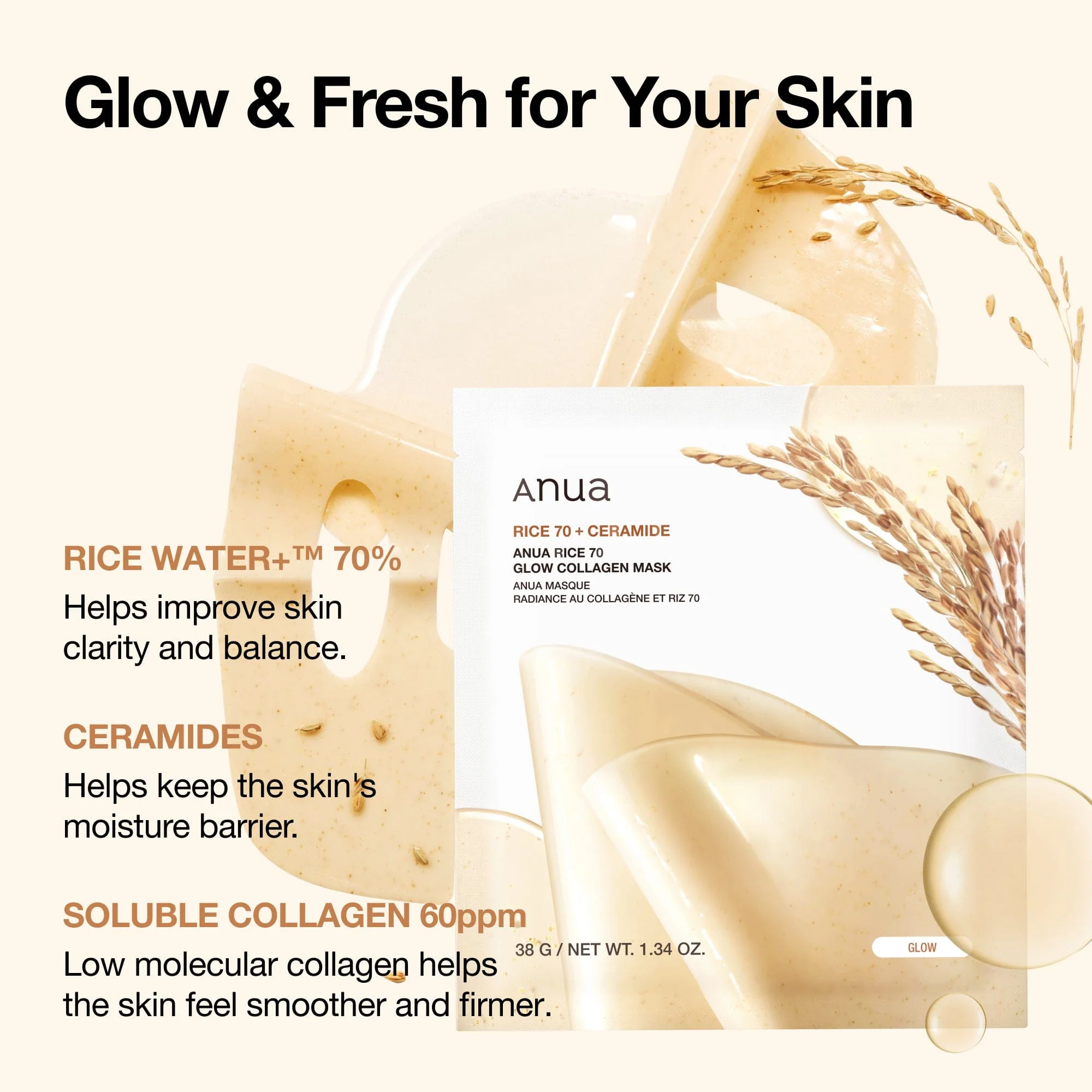 Anua US Sheet Mask 4ea Rice 70 Glow Collagen Mask